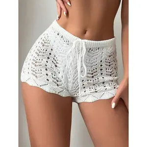 Hollow Drawstring Waist Knitted Bikini Shorts Women Swimsuit Set for Summer Beachwear