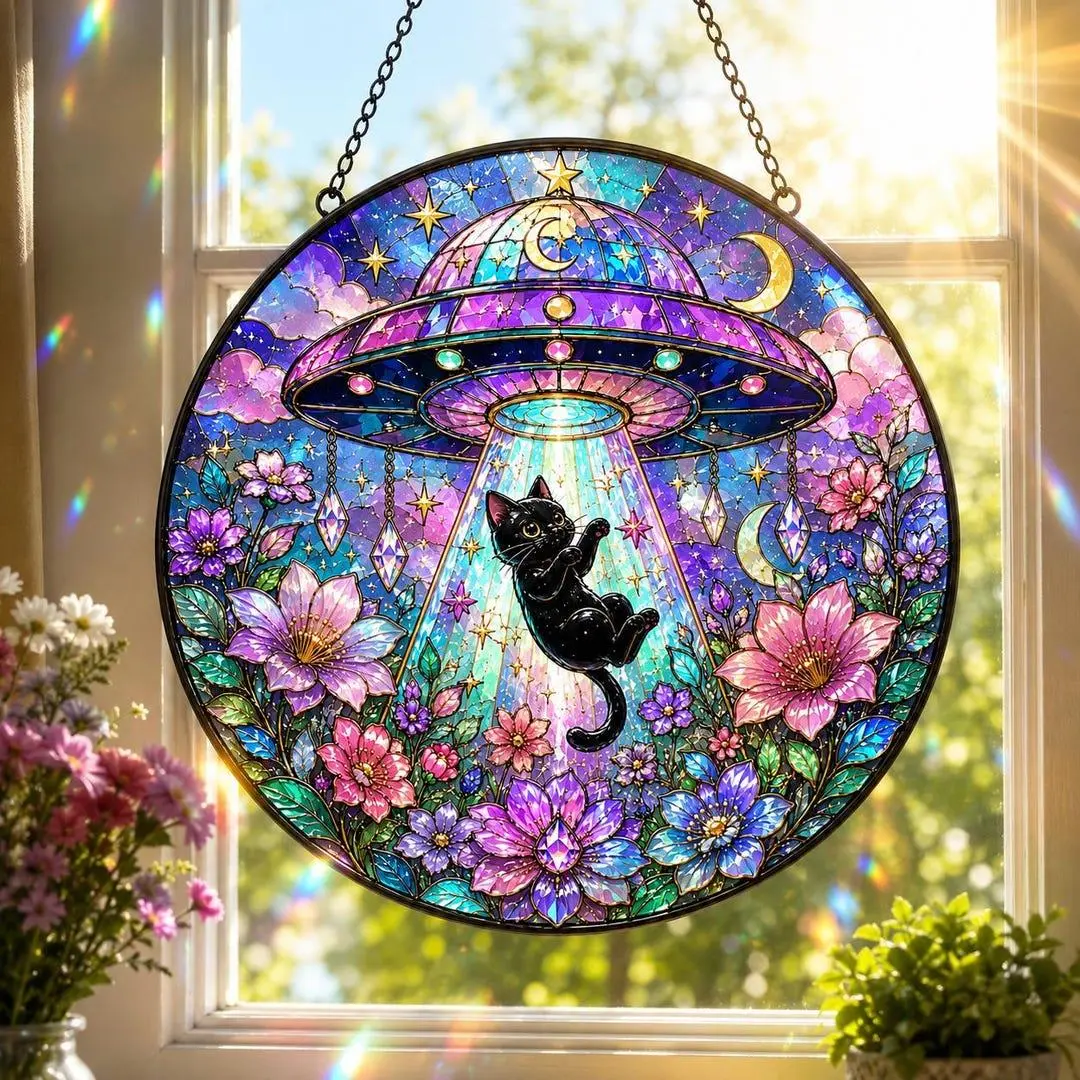 UFO Abduction Black Cat Suncatcher Custom Alien Spaceship Window Decor Cat Sun Catcher Handmade Funny Cat Lover Gift Spaceship Gift