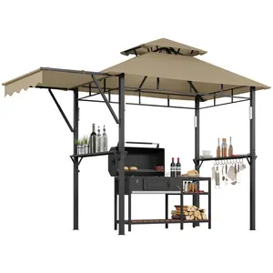 8x5 Ft Grill Gazebo with Double-Tiered Roof, Heavy Duty Steel Frame, Side Awning & Shelves, 4 LED Lights for Outdoor BBQ