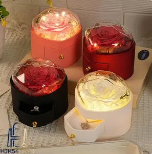 LED Light Preserved Rose Jewelry Gift Box with Red Gift Bag - Drawer Style Ring Necklace Display Case, Romantic Enchanted Accessory for Valentine's Day, Anniversary