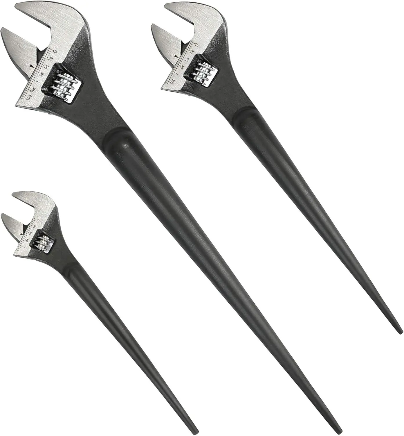 3- Adjustable Construction Spud Wrench Set, 8-inch, 10-inch, 12-inch, Black Oxide Finish, CR-V Steel, SAE and Metric Scale Marked, Alignment Holes and Tail Crowbar Features