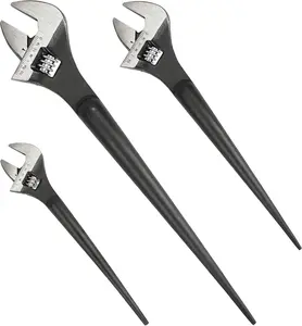 3- Adjustable Construction Spud Wrench Set, 8-inch, 10-inch, 12-inch, Black Oxide Finish, CR-V Steel, SAE and Metric Scale Marked, Alignment Holes and Tail Crowbar Features