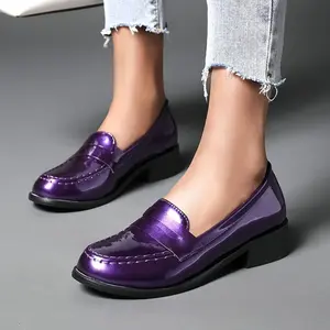 Purple Glossy Low Chunky Heel Loafers - Women's Casual Slip-On Round Toe Pumps for All-Season Comfort