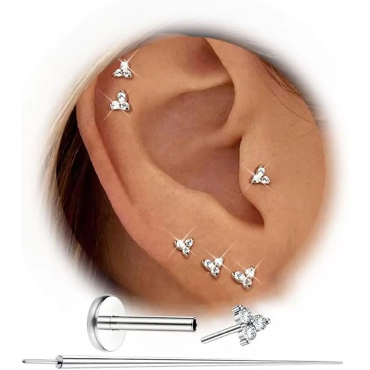 CASSIECA 20G Threadless Flat Back Body Jewelry Set - Geometric, Hypoallergenic 316L Saturated Plated Gold Studs for Nose Piercing, Helix Piercing Earrings & Body-Safe Needs