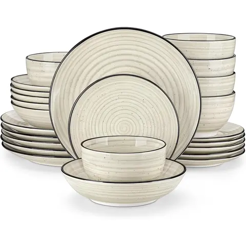 vancasso Bonbon Beige Dinner Set, 12/24 Pieces Dinner Sets for 4/6 People, Handpainted Swirls Plates and Bowls Set in Rustic Look, Include Dinner Plates, Dessert Plates, Pasta Bowls and Cereal Bowl Tableware Serving