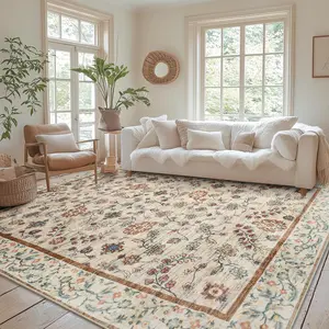 RUNIA Non-Slip Retro Area Rug for Living Room, Bedroom & Entryway - Lightweight, Machine Washable Low Pile Vintage Rug with Luxury Boho Design, Soft Faux Wool, Farmhouse & Aesthetic Decor for Kitchen, Dining & Home Office Fuzzy Durable rugs living room