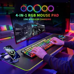 Mouse Pad with Phone Holder, 4-in-1 RGB Wireless Charging Desk Mat, Charge iPhone & Apple Watch Simultaneously, 15 RGB Lighting Modes with Memory, 31.5” Large Desk Pad, Smooth Surface, Non-Slip, Waterproof, Easy to Clean