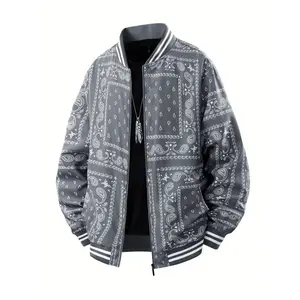 Trendy Paisley Print Men's Jacket - Novelty Stretchy Breathable Coat, Perfect for Fall Casual/Date/Parties Long Sleeve Menswear Round Neck Zipper collar outerwear