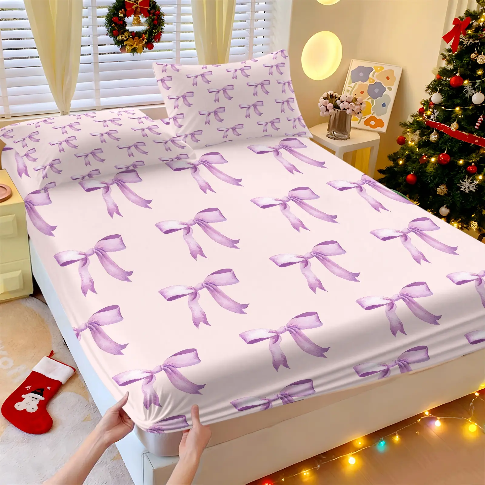 Dreamy purple watercolor bow pattern printed Flat Fitted Sheet and pillowcase set, Bed Sheets, Bedsheet Sets, cozy bedding, suitable for beds, travel, home décor, and unique gifts