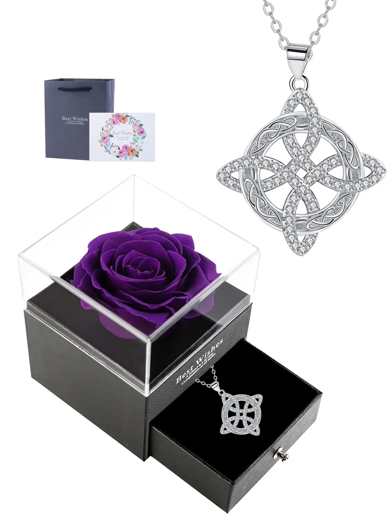 Witch Knot Necklace with Purple Rose Jewelry Gift Box, Unique Celtic Lucky Knot Irish Design Women's Jewelry, Exquisite Jewelry Gift, Perfect Christmas and Birthday Gift for Wife, Mom, Girlfriend