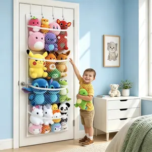 2026 New Over Door Stuffed Animal Storage Organizer, Hanging Toy Organizer with 4 Large Breathable Mesh Pockets & Heavy Duty Metal Hooks, Space Saving Door Storage for Kids Bedroom Playroom Nursery