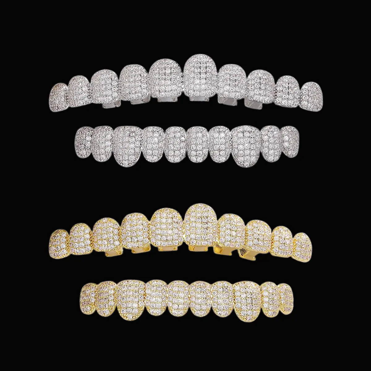 Gold Plated Grillz Set, Iced Out 10-Tooth Top and Bottom Hip Hop Costume Jewelry for Rappers, Parties, and Styling, Two Piece Set