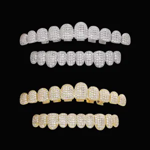 Iced Out Hip Hop Grillz - 18K Gold Plated 10-Tooth Full Set, Luxury Dental Jewelry for Rappers and Party Vibe Oral Retainer Brace