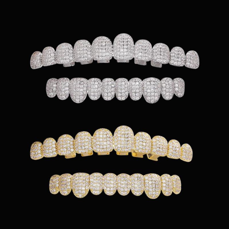 Iced Out Hip Hop Grillz - 18K Gold Plated 10-Tooth Full Set, Luxury Dental Jewelry for Rappers and Party Vibe Oral Retainer Brace