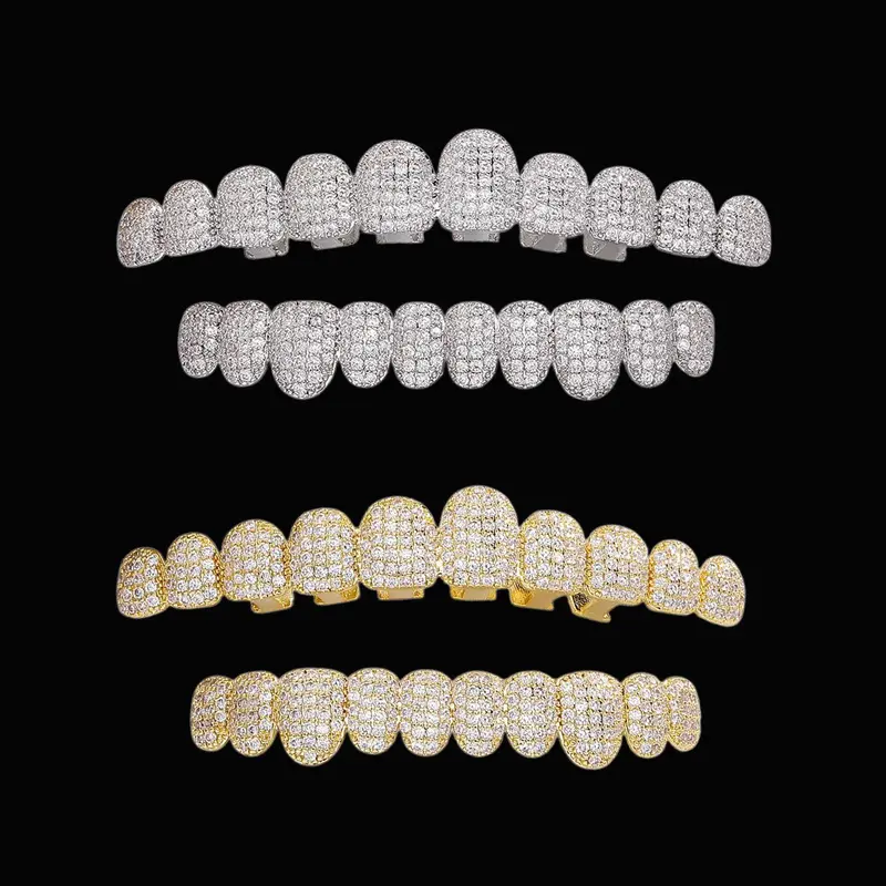 Iced Out Hip Hop Grillz - 18K Gold Plated 10-Tooth Full Set, Luxury Dental Jewelry for Rappers and Party Vibe Oral Retainer Brace