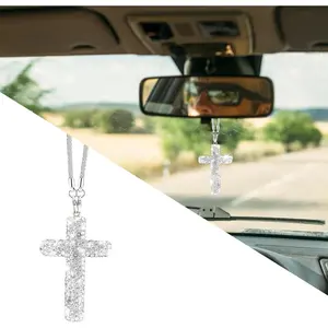 Bling Car Rear View Mirror Accessories Hanging Pendant,Cross Crystal Rhinestone For Car Mirror Hanging,Double-Sided Cross Diamond Religious,Interior Men Women Car Accessories