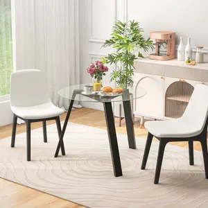 COSTWAY - 36 Inches Round Glass Dining Table for 4 with Rubber Wood Frame-Black COSTWAY - 36 Inches Round Glass Dining Table for 4 with Rubber Wood Frame-Black