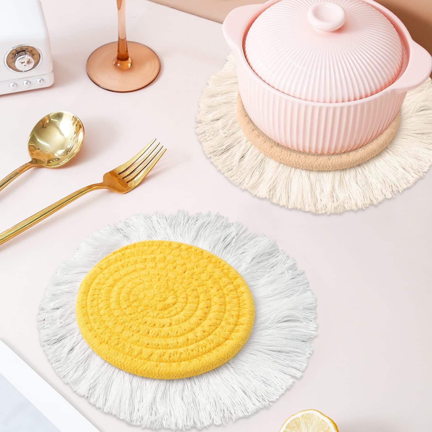 4Pcs Cotton Trivets Pot Holders for Kitchen Heat Resistant Hot Mats with Tassel Hand Woven Potholder Rustic Boho Style Farmhouse Home Decor Washable Hot Pads for Baking and Cooking 7.7"