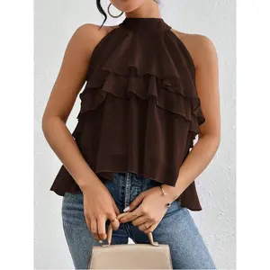 Women's Wide-Collar Ruffled Asymmetric Chiffon Blouse - Dark Brown Chic Tops, Elegant Classy Tops for Going Out