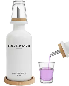 White Glass Mouthwash Dispenser for Bathroom - Mouth Wash Dispensers with Stainless Steel Spout, Mouthwash Cup, Tray - Mouthwash Container - Mouth Wash Bottle