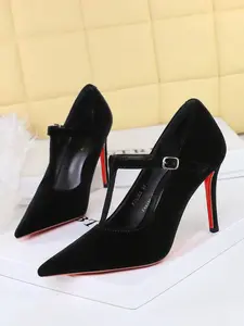 Elegant French Pointed Toe High Heels, Sexy Slim Heel Bottom Suede T-Strap Shoes, Versatile Women's Single Shoe, Classy Fashion Footwear Heeled Stylish