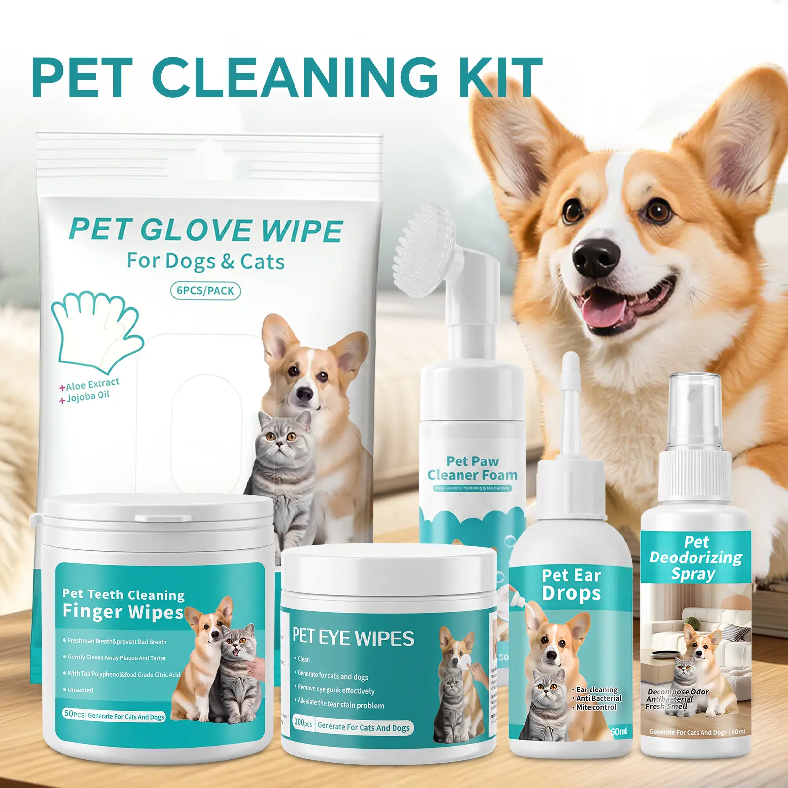 Pet Grooming Kit for Dogs & Cats, Pet Cleaning Supplies with Paw Cleaner Foam, Eye Wipes, Ear Drops, Teeth Finger Wipes, Deodorizing Spray & Pet Glove Wipes, Complete Pet Care Kit for Daily Hygiene