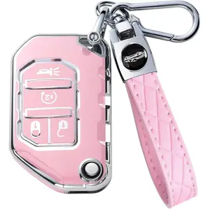 Key Fob Cover for Jeep with Keychain, Premium TPU Key Case Compatible with Jeep Wrangler JL JLU Gladiator JT Rubicon Sahara Remote Smart Car Flip Key Protector（4 Buttons Pink）