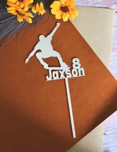 Boys Skateboarding Birthday Cake Topper with Custom Name and Age – Personalized Acrylic Skater Party Decoration – Kids Sports Cake Topper for Teen Birthday Cakes – Custom Name Skateboard Cake Charm for Boys Birthday Party Supplies and Decorations White