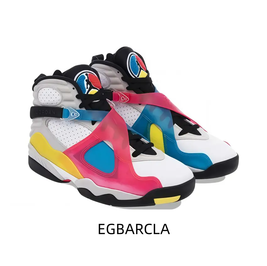 Retro white high-top trainers with multicolor pink yellow and blue colorblocking secure ankle strap support padded collar ideal for vintage fashion and streetwear