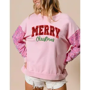 Women's Christmas Loose Sweatshirt Long Sleeve Round Neck Sequins Letter Embroidery Pullover