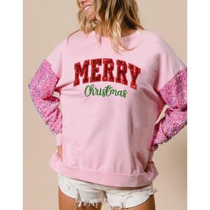 Women's Christmas Loose Sweatshirt Long Sleeve Round Neck Sequins Letter Embroidery Pullover