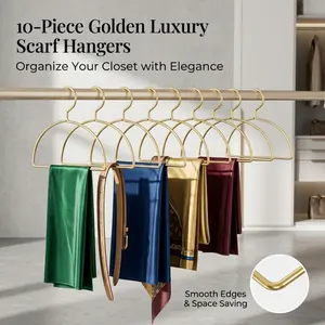 10-Piece Golden Luxury Scarf Hangers, Non-Slip Metal Hangers for Scarves, Belts & Accessories, Space-Saving Closet Organizer with Smooth Edges