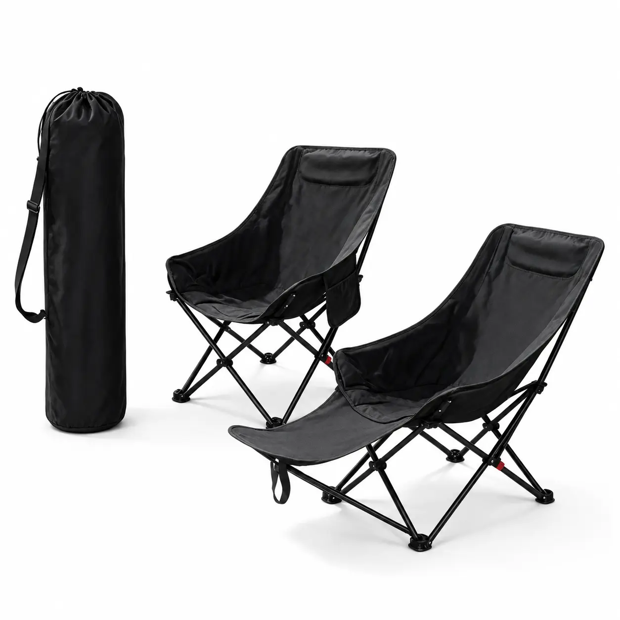 Reclining Camping Chair with Footrest for Adults, 4-Position Adjustable Folding Outdoor Lounge Chair with Cup Holder, Headrest Pillow, Side Pocket and Carry Bag, 330 lb Capacity, Black