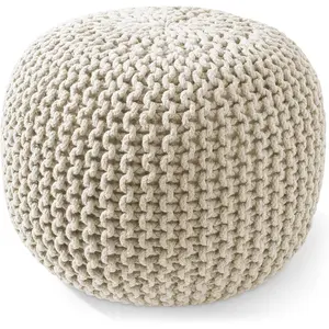 Round Pouf Ottoman, Natural - 20" Diameter x 14.5" High Cotton Knit Foot Stool - Boho Floor Pouffe for Living Room, Bedroom, Home Office