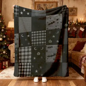 Retro Flannel Blanket, Patchwork Plaid Bat 2D Print Throw Warm Comfortable Soft for Sofa Bed Car Office Camping Travel Gift All Seasons Use, Home Decor, Seasonal Decoration, Vintage, Decorative Giftable Blankets