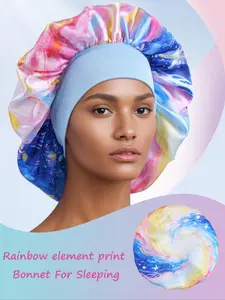 Extra Big Size Silky Wide Cotton Band Satin Sleep Bonnet with Rainbow / Star/ Printed, Soft Smooth Satin Silk Touch Virgin Hair Protect Sleep Cap Bonnet with Cotton Soft Wrap Band Protect Wig Hair Sleeping Bonnet