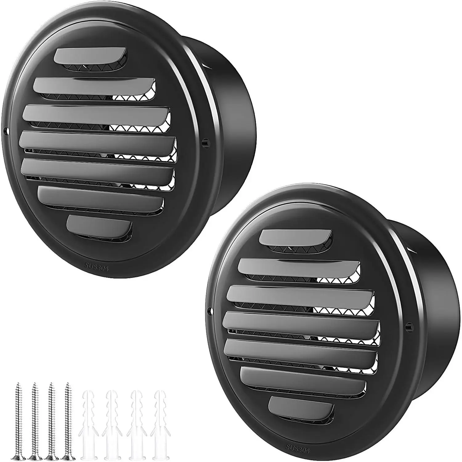 3inch-2pcs 304 Stainless Steel Round Air Vents Cover,  Louvered Grille Cover Vent Flat Ducting Air Vent Wall Inlet with Built-in a Fly Screen Mesh for HVAC Ventilation (3inch-2Pcs)