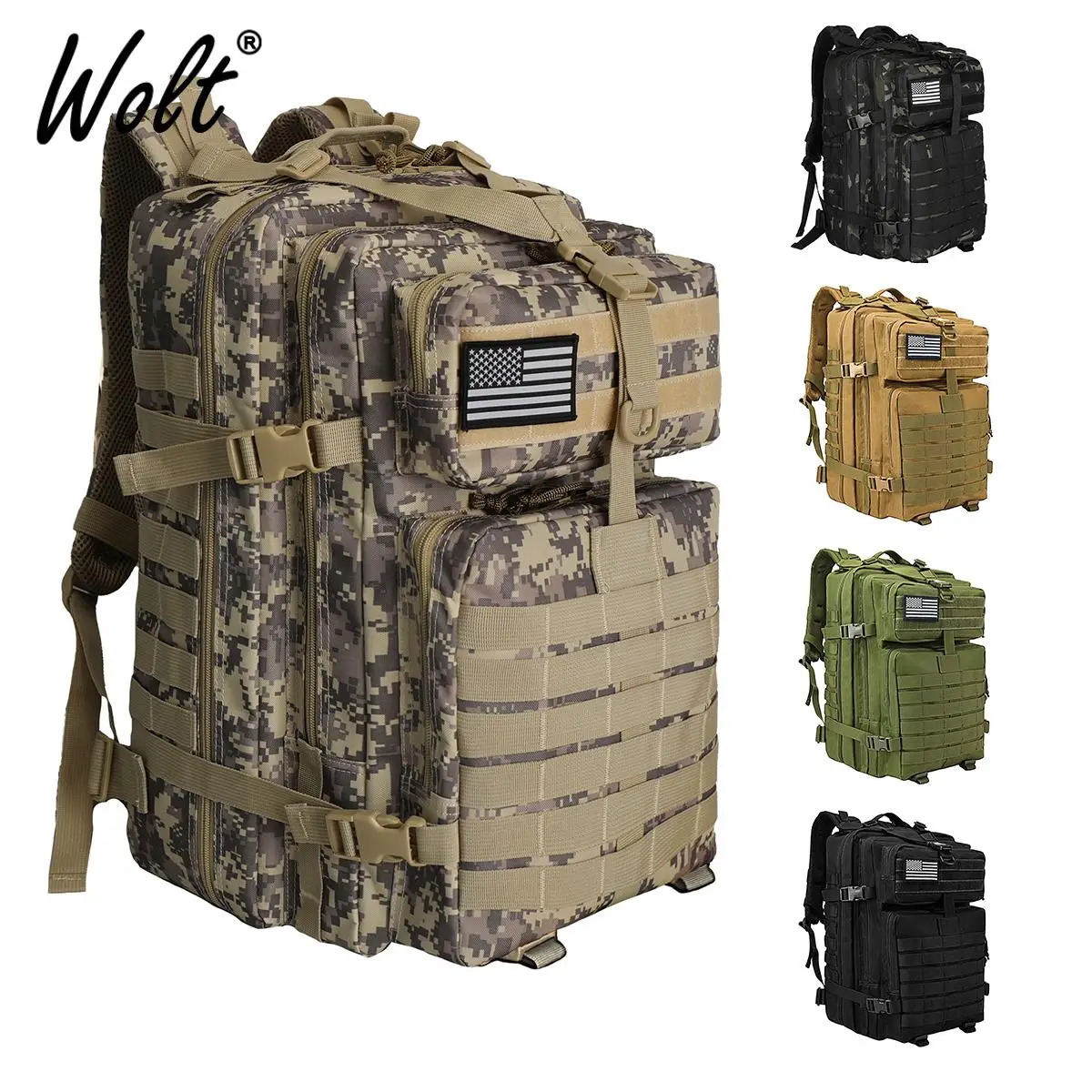 Wolt Tactical Backpack Men - Military 3 Day Assault Pack Large Waterproof MOLLE Bag for Hiking Camping Survival Gear with Laptop Compartment Hunting P