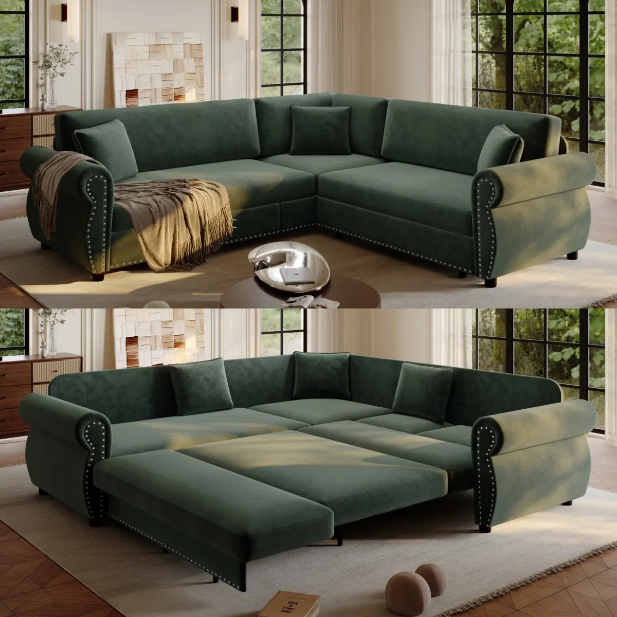 Aobtkel 118in L-Shaped Chenille Sofa Sectional Couch - 3-in-1 Convertible Foldable Pull-Out Bed, Rolled Arm, Rivet Decor, Iron Accents, Plastic Hardware, Detachable Cushions, Small Space Bedroom Office Couch (Assembly Required), Sectional Sofa, Chenille F