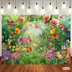1pc 2D Flat, Spring Floral Polyester Backdrop – Butterfly & Flower Garden Photography Banner for Studio, Party, Wedding, Photo Booth, Universal Holiday Decoration – Multipurpose, No Electricity Needed
