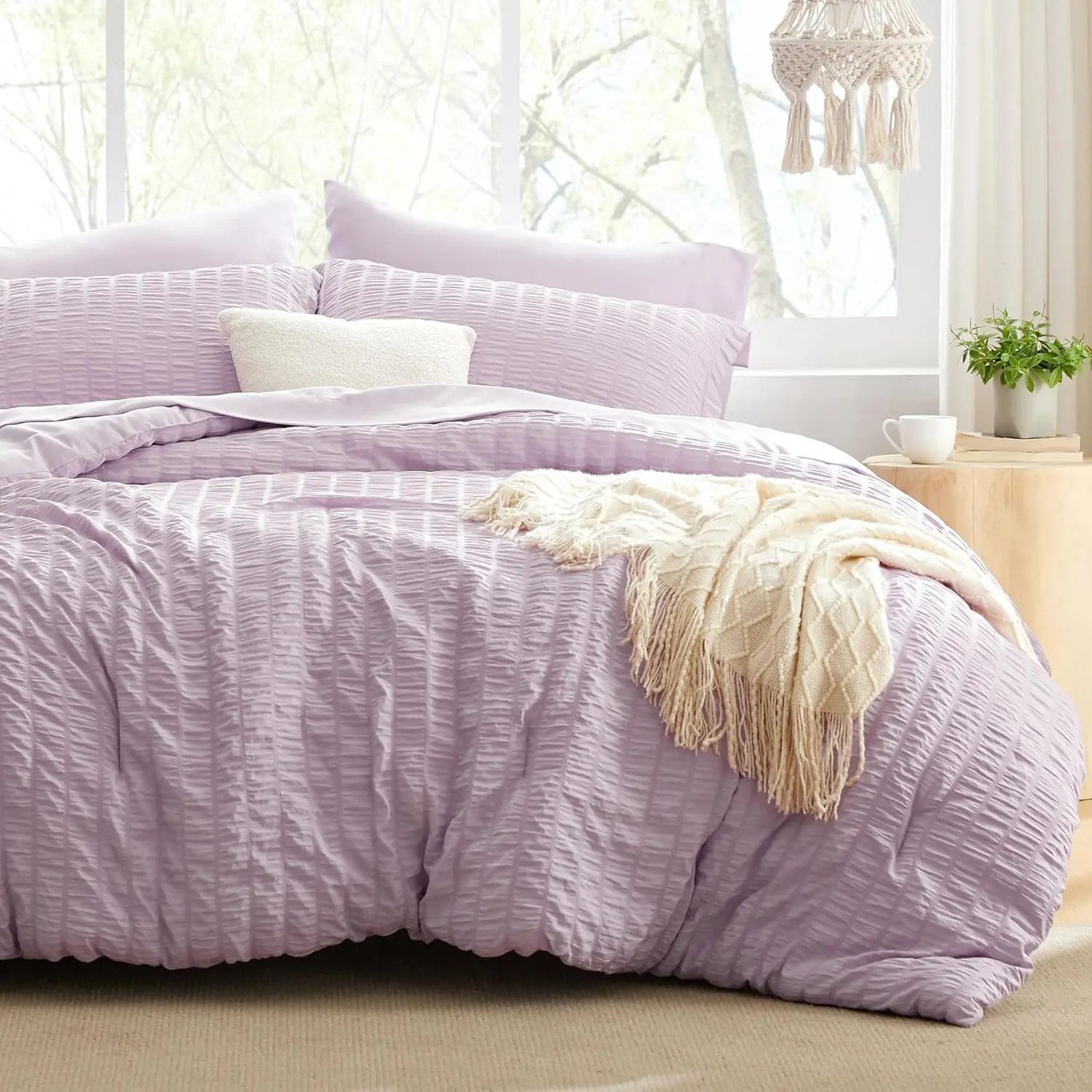 Seersucker Lavender Queen Comforter 7,, Queen a Bag Comforter with Comforter, Flat Sheet, Sheet, Pillowcase and Pillow Sham