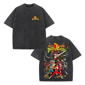 Retro Mighty Morphin Power Rangers "It's Morphin' Time" Double-Sided Vintage Washed T-Shirt, 90s Super Sentai Graphic Tee, Oversized Heavyweight Cotton Unisex Streetwear Top, Ideal Gift for Power Rangers Fans & Retro Lovers