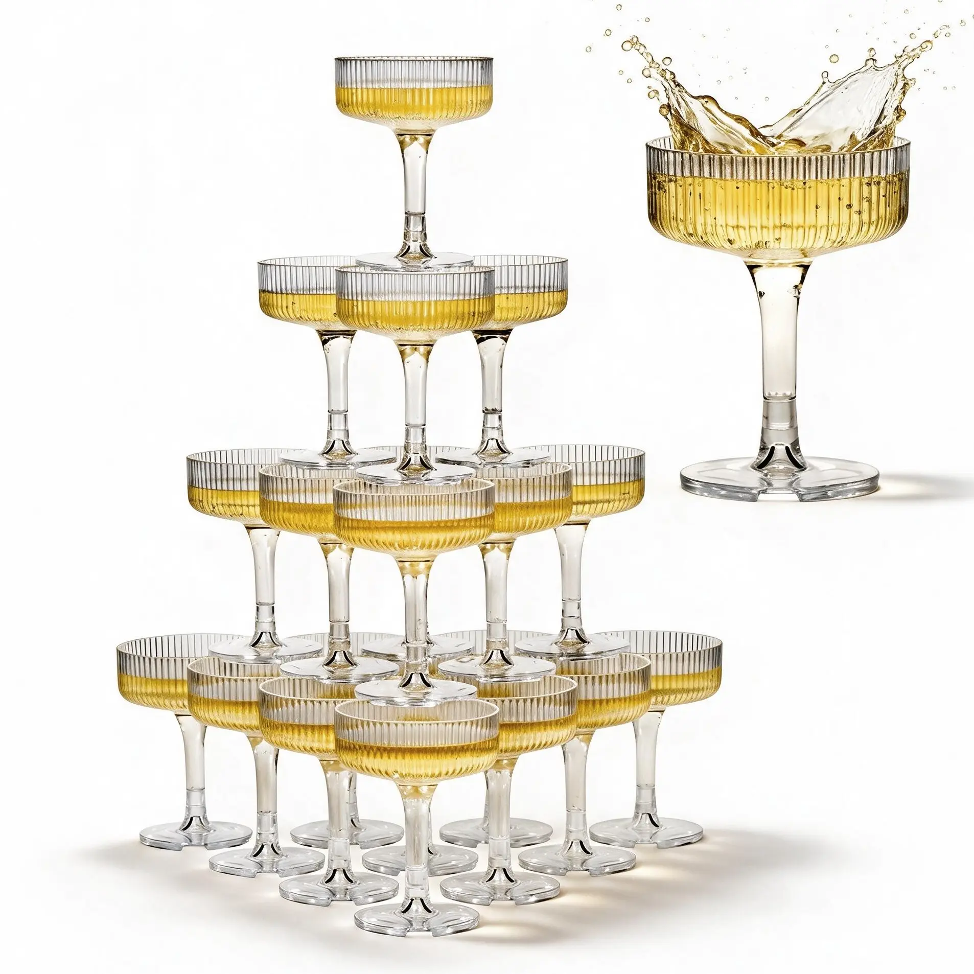 KSESTOR Sturdy Clear Plastic Champagne Tower Set - 21-Piece 7oz Classic Ribbed Reusable Acrylic Shatterproof Coupes, Drinkware for Wedding, Anniversary Celebrations