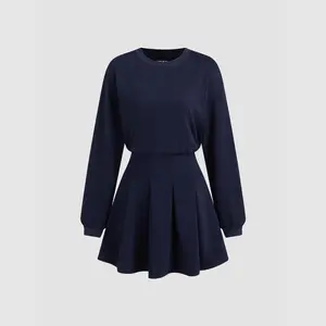Cider Round Neckline Pleated Long Sleeve Mini Dress