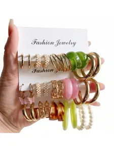 15 pairs Popular European and American creative exaggerated pearl earrings, three-line green and pink earrings, elegant women's earrings, High Quality Earrings