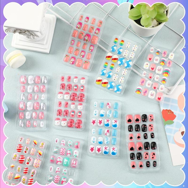 216Pcs 9 Pack Press on Nails Grils Kids Full Cover Short False Stick on Nail Tips for Kids Nail Art Decoration Christmas Birthday Valentine's Party Favors Gift(Lovely Style)