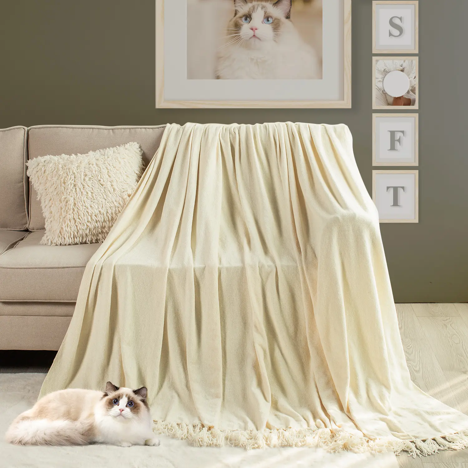 Kasentex Large Channel Weave Tasseled Throw Blanket - OEKO-Standard 100 Certified, Hypoallergenic, Breathable Soft Chenille Fleece, Fluffy, Lightweight Cozy, Machine Washable, Soft Lightweight Christmas Gift for Couples, Fluffy Blanket, Lightweight Cozy B