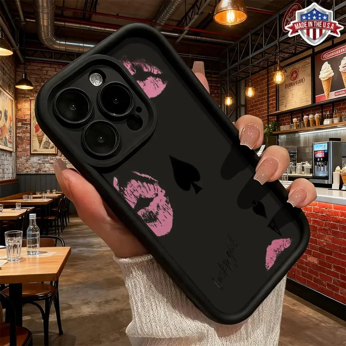 Patterned Lip Print Spade Card Aesthetic Silicone Smartphone Case - Slim Fitted, Lightweight, Shockproof, Anti-Drop, Durable TPU Cover for Multi-Model iPhone 11/12/13/14/15/16/17 Pro, ProMax, Plus, Air - Handheld Cellphone Protection Accessory, Iphone17 P