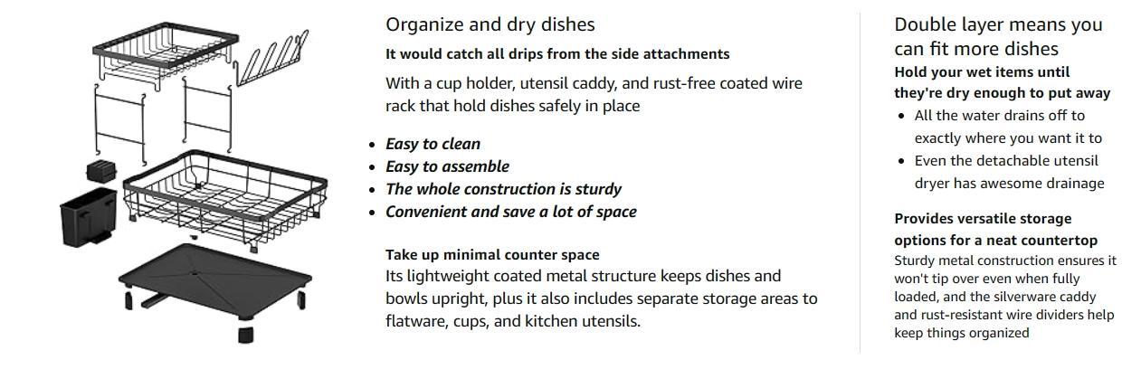 2 Tier Dish Drying Rack for Kitchen Counter Metal Dish Racks Drainers with Knife Cup Utensil Holder