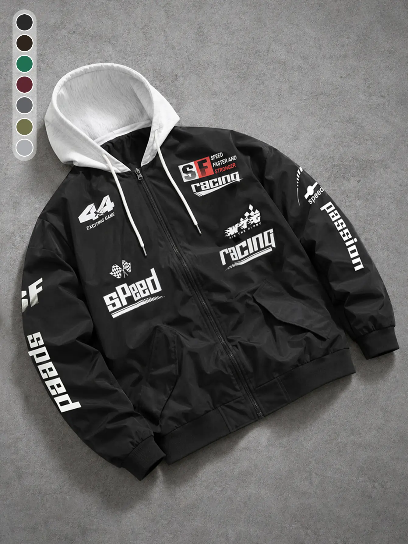 Men’s Letter Print Casual Jacket — Drapey, Wrinkle-Resistant fabric ; Color-Blocked Design with Hood and Drawstring; Retro Racing Style; Perfect for Going Out, Commuting, and Dates; A Stylish, Versatile Outerwear Piece